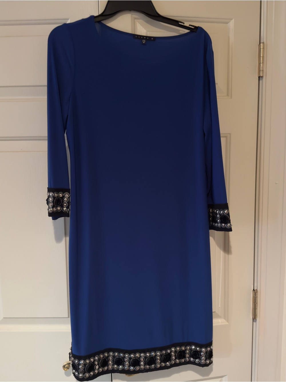 Tiana B. Royal Blue Long Sleeve Shift Dress with Beaded Trim GUC